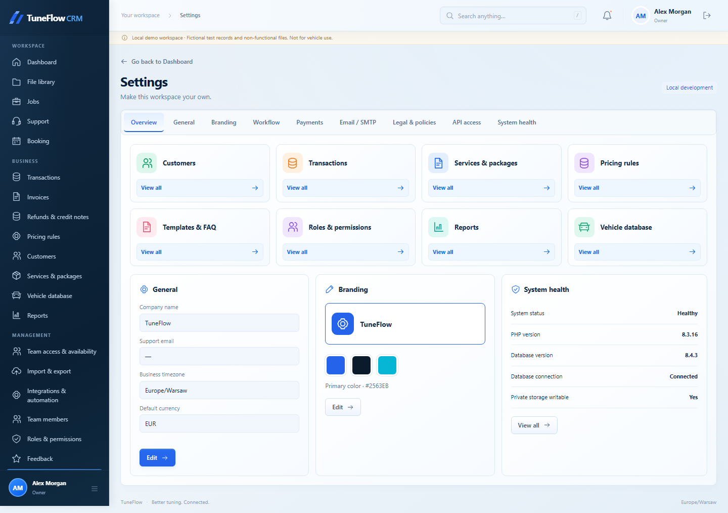 TuneFlow business settings overview