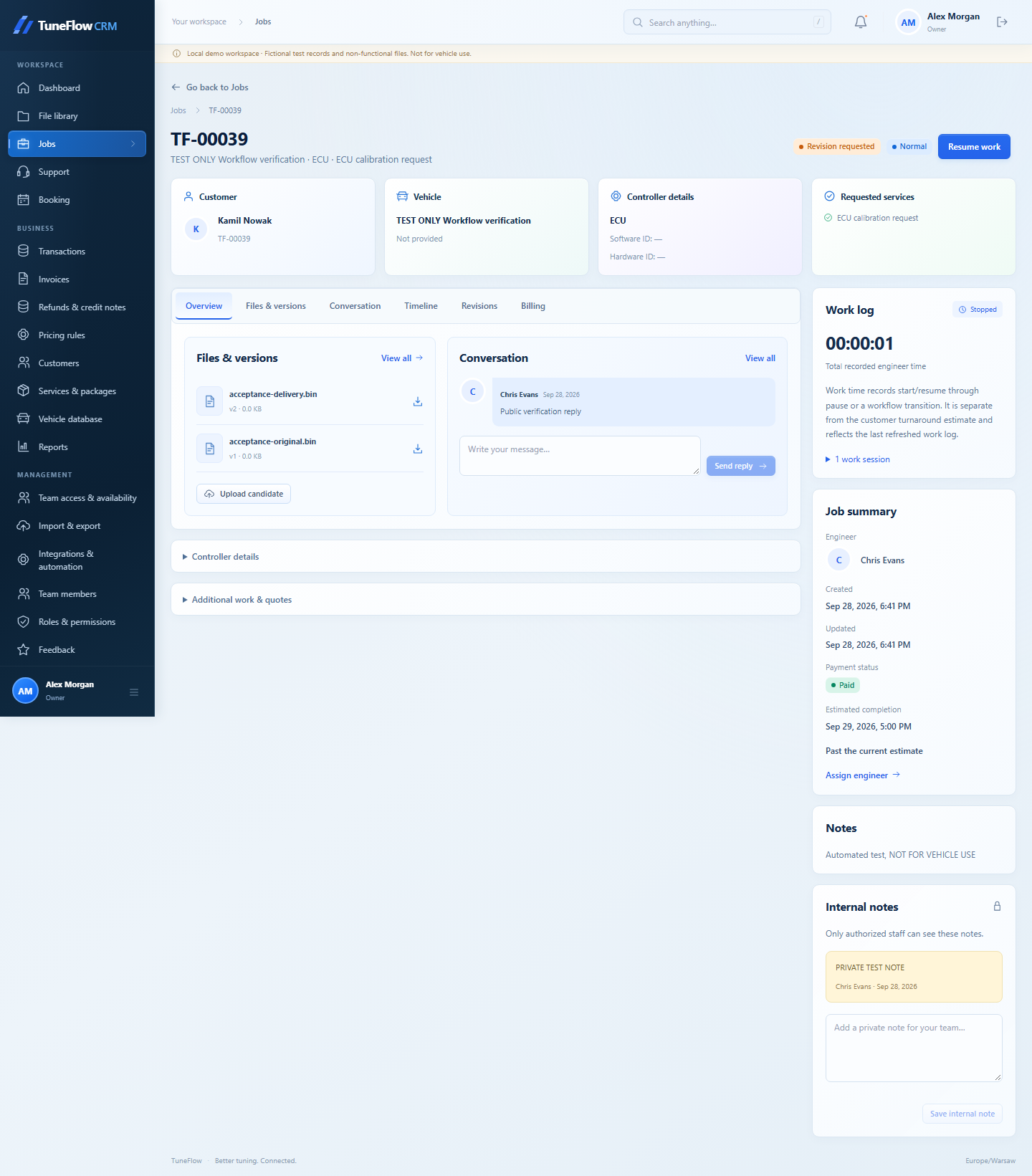 TuneFlow CRM job workspace